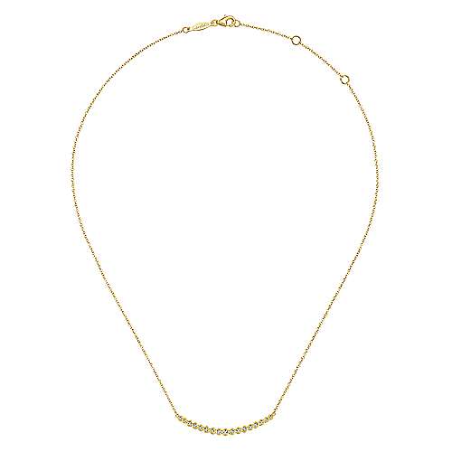 Gabriel & Co., 14K Yellow Gold Curved Bar Necklace with Bezel Set Round Diamonds