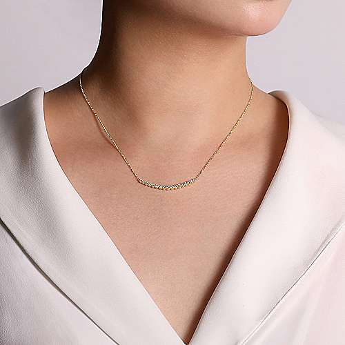 Gabriel & Co., 14K Yellow Gold Curved Bar Necklace with Bezel Set Round Diamonds