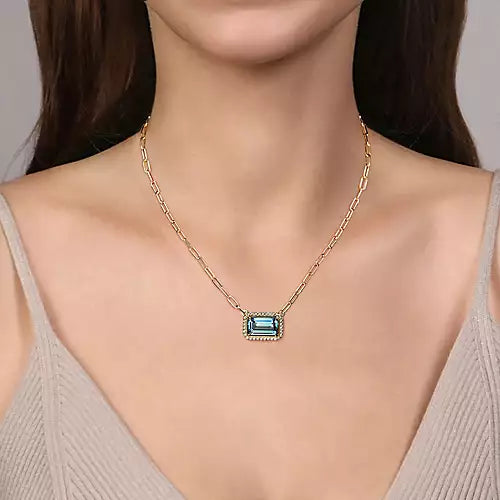 Gabriel & Co., 14K Yellow Gold Diamond and Blue Topaz Emerald Cut Necklace
