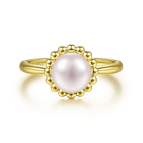 Gabriel & Co., 14K Yellow Gold Pearl Ring with Bujukan Beaded Halo