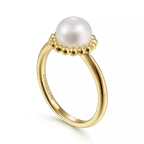 Gabriel & Co., 14K Yellow Gold Pearl Ring with Bujukan Beaded Halo