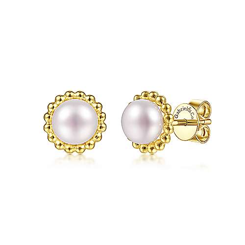 Gabriel & Co., 14K Yellow Gold Pearl with Beaded Frame Stud Earrings