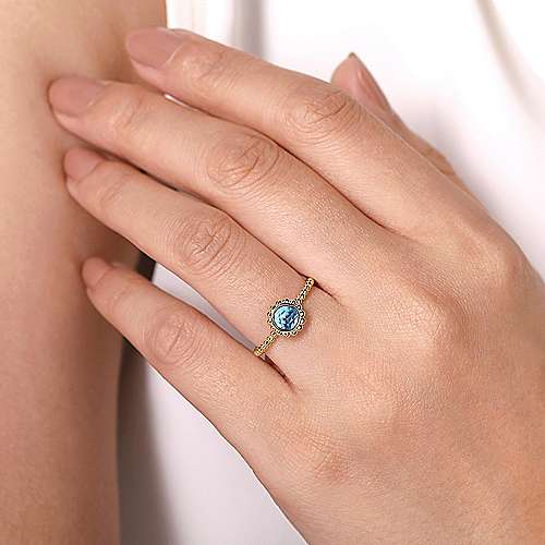 Gabriel & Co., 14K Yellow Gold Bezel Set Blue Topaz Ring