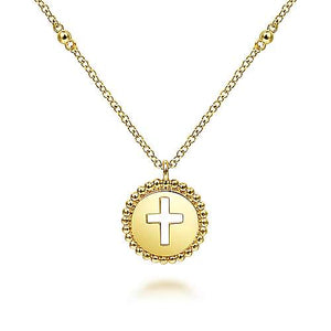 Gabriel & Co., 14K Yellow Gold Round Cutout Cross Necklace with Bujukan Bead Frame