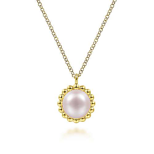 14K Yellow Gold Round Pearl Pendant Necklace with Bujukan Beaded Frame