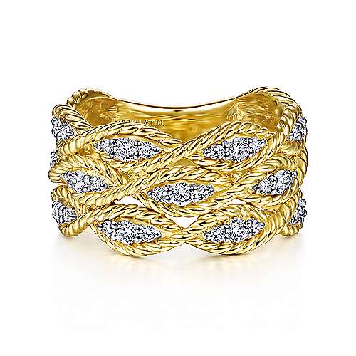 Gabriel & Co., 14K Yellow Gold Twisted Braided Diamond Wide Band Ring