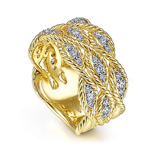 Gabriel & Co., 14K Yellow Gold Twisted Braided Diamond Wide Band Ring