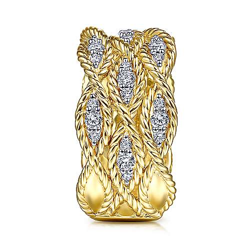 Gabriel & Co., 14K Yellow Gold Twisted Braided Diamond Wide Band Ring