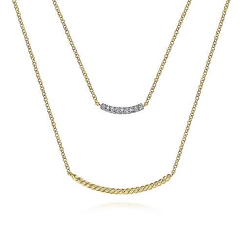 Gabriel & Co., 14K Yellow Gold Two Strand Twisted and Diamond Bar Necklace