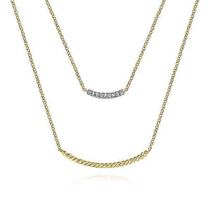 Gabriel & Co., 14K Yellow Gold Two Strand Twisted and Diamond Bar Necklace