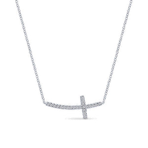 Gabriel & Co., 14K White Gold Sideways Curved Diamond Cross Necklace