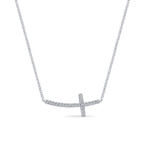 Gabriel & Co., 14K White Gold Sideways Curved Diamond Cross Necklace