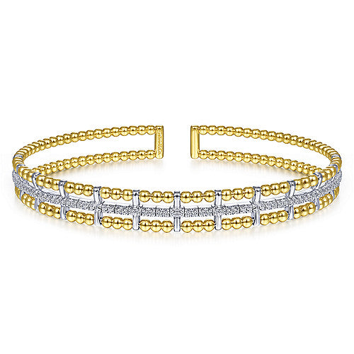 Gabriel & Co., 14K Yellow and White Gold Bujukan Bead Cuff Bracelet with Inner Diamond Channel