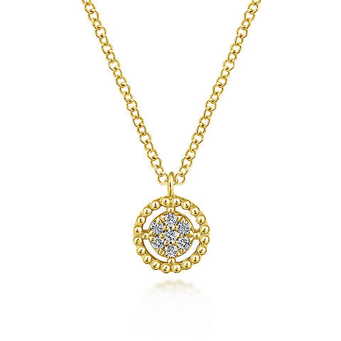 Gabriel & Co., 14K Yellow Gold Beaded Round Floating Diamond Pendant Necklace