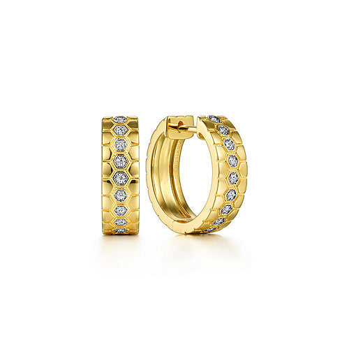 Gabriel & Co 14K Yellow Gold Diamond Huggies With Hexagon Pattern