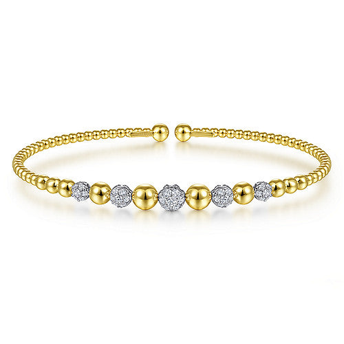 Gabriel & Co., 14K Yellow-White Gold Bujukan Bead Cuff Bracelet with Pave Diamond Stations