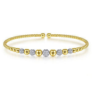 Gabriel & Co., 14K Yellow-White Gold Bujukan Bead Cuff Bracelet with Pave Diamond Stations