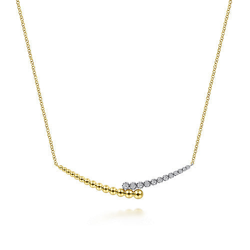 Gabriel & Co 14K Yellow-White Gold Diamond Pave and Bujukan Bead Curved Bar Necklace