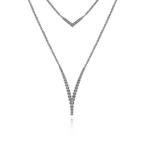 Gabriel & Co., Sterling Silver White Sapphire and Beaded Chevon Necklace