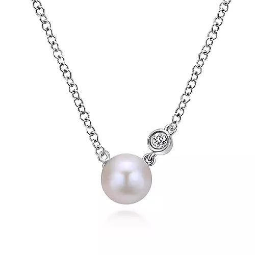 Gabriel & Co., Sterling Silver Cultured Pearl and Bezel Set Diamond Necklace