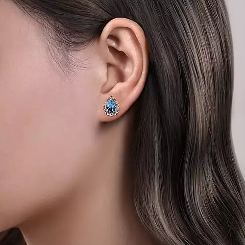 Gabriel & Co., Sterling Silver Faceted Swiss Blue Topaz Pear Shape Bujukan Stud Earrings