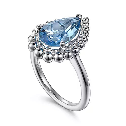 Gabriel & Co., Sterling Silver Swiss Blue Topaz Bujukan Pear Shape Ring with Pattern