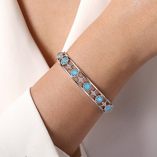 Gabriel & Co., Sterling Silver Rock Crystal and Turquoise Station Bangle