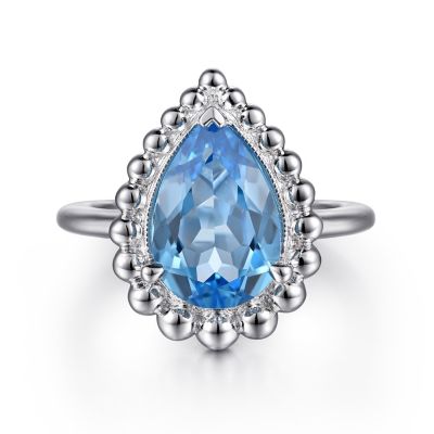 Gabriel & Co., Sterling Silver Swiss Blue Topaz Bujukan Pear Shape Ring with Pattern