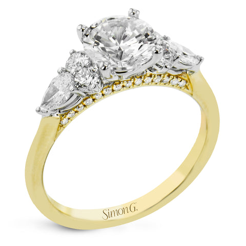Simon G., 18K Yellow Gold Semi Mount with a Round Cut Diamond Three Stone Engagement Ring