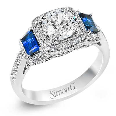 Simon G., 18K White Gold Three Across Engagement Ring with Blue Sapphire Trapezoids in