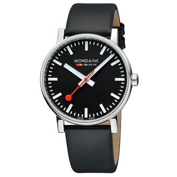 Mondaine Evo2 Black Dial Black Leather Strap 43mm Watch