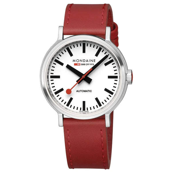Mondaine Original Automatic White Dial Red Leather Strap 41mm Watch