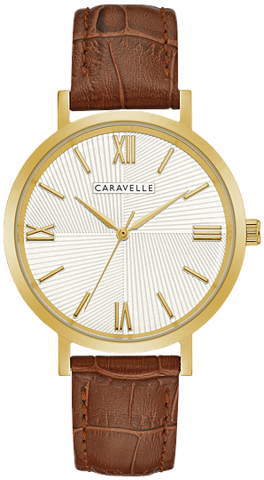 Caravelle Classic Gold Tone Brown Leather Strap Mens Watch