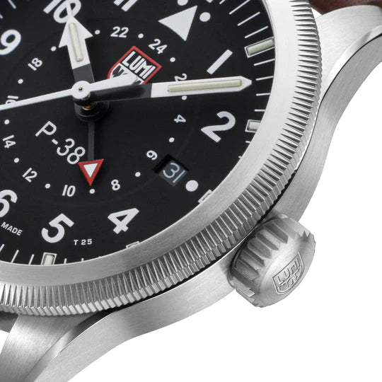 Luminox P-38 LIGHTNING Black Dial Brown Leather Strap 42mm Pilot Watch
