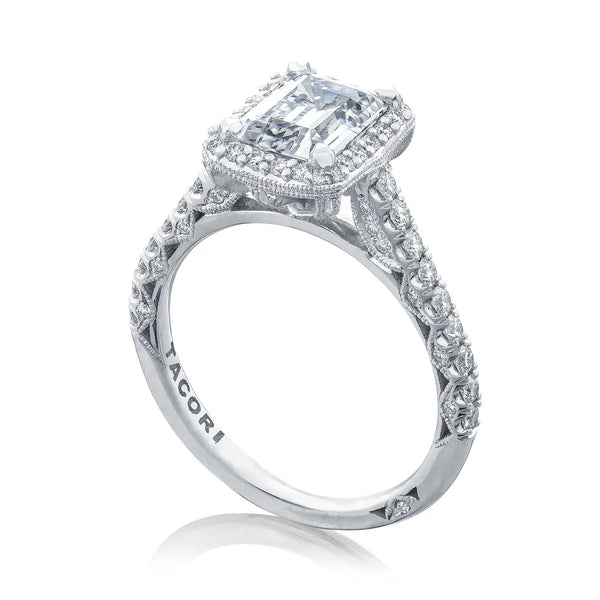 Tacori Petite Crescent 18KW Emerald Halo Diamond Ring