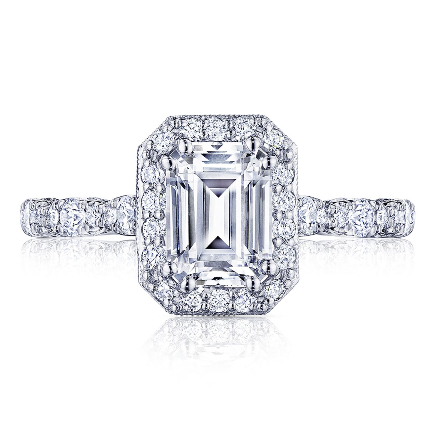 Tacori Petite Crescent 18KW Emerald Halo Diamond Engagement Ring